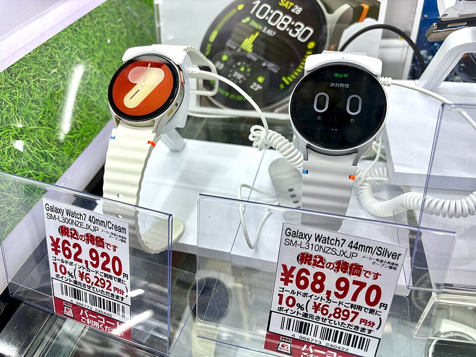 Hai đồng hồ Galaxy Watch7 dây sáng màu trên giá trưng bày, phía trước có biển giá tiếng Nhật.